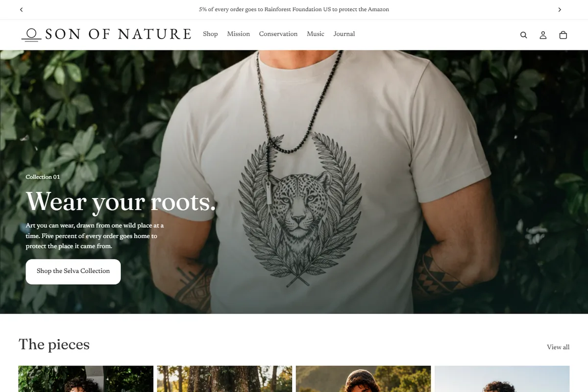 Son of Nature Shopify apparel storefront homepage